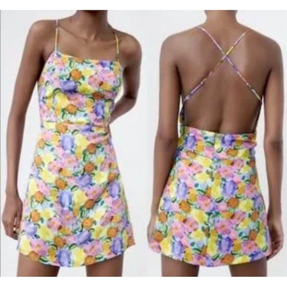 Zara Floral Print Short Jumpsuit Square Neck Strappy Back Multicolor Sz M